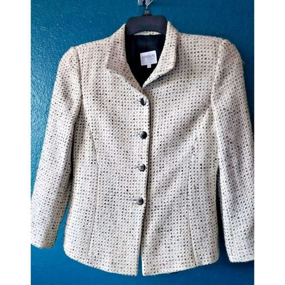 1973 Armani Collezioni Tweed Jacket Black White & Beige Size 8  Blazer Suit - Picture 1 of 11